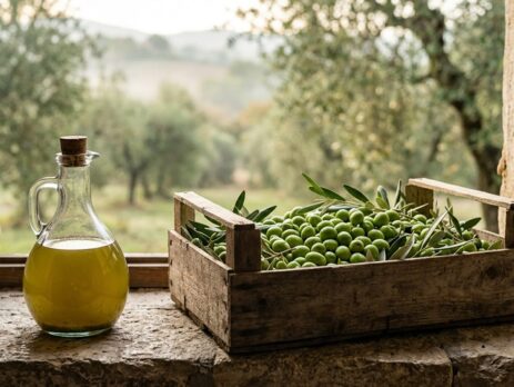 Erken hasat yeşil zeytin kasası ve sürahide taze sıkım zeytinyağı